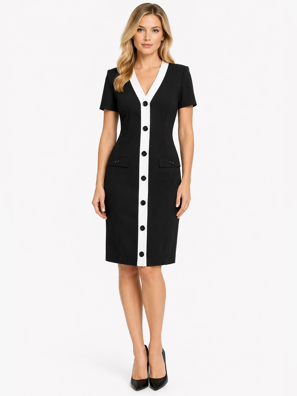 Karl Lagerfeld Paris Black White Contrast Button Sheath Dress Size 4